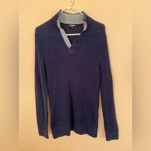 Men's Express Navy Blue Button V Neck Ribbed Sweater, 100% Cotton, Size Small